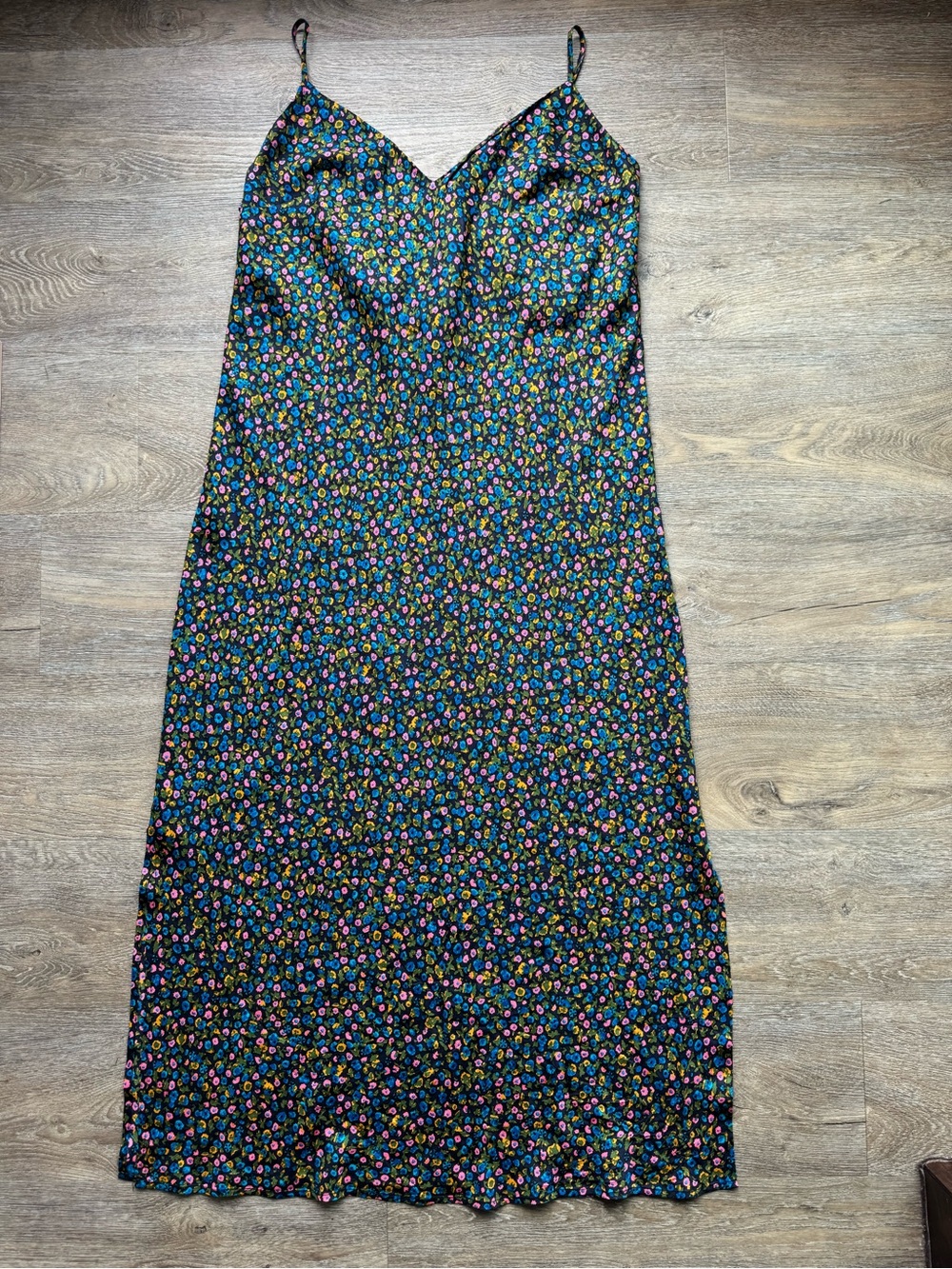 Boden Floral Slip Midi Dress in Black with Multicolor Print size 14US
